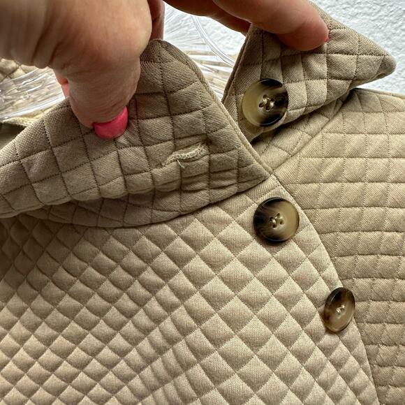 V582 Women’s 2 Way Button Up Cowl Neck or Collared Long Sleeve Sz M Tan Pullover - Picture 6 of 15